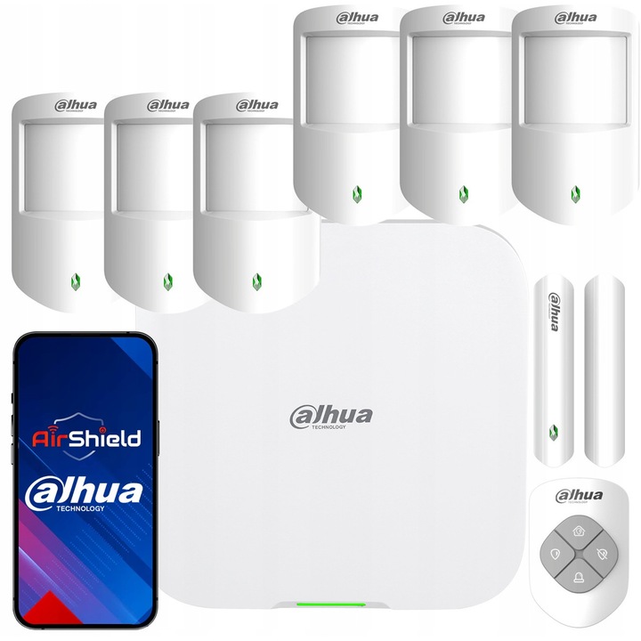Sistem alarma Dahua AirShield ARC3800H-FW2(868), centrala cu Wi-Fi/LTE/4G si Ethernet, 6x detector PIR wireless rezistent la animale pana la 18 kg, contact magnetic usa/fereastra, telecomanda 4 butoane, Alb, Set complet
