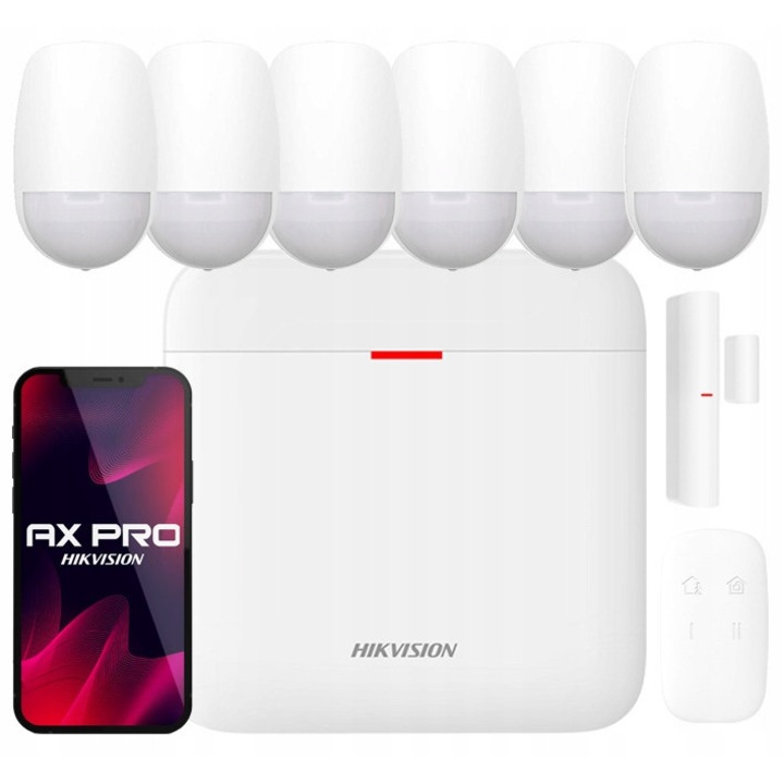 Безжична алармена система Hikvision AX PRO DS-PWA64-KIT-WE, с WiFi и GSM, централа 64 зони, 6x PIR детектор, устойчив на животни (до 30 кг), Бял, Комплект