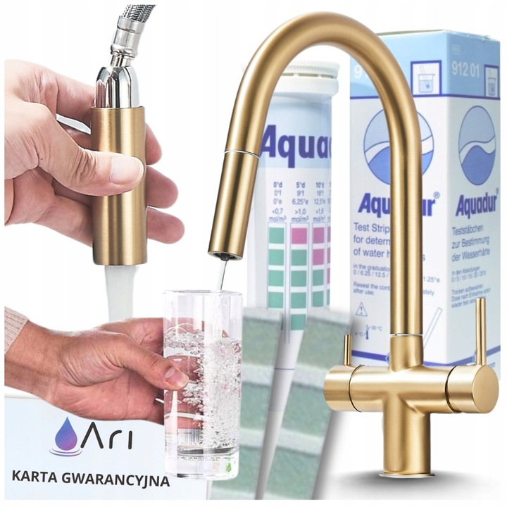 Ari Slender konyhai csaptelep, 3 funkciós, szálcsiszolt arany, flexibilis kifolyóval és perlátorral