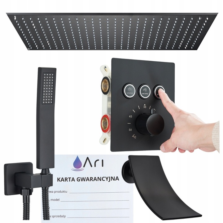 Set de dus incastrat cu termostat si box montaj, Ari, negru, 80x40cm