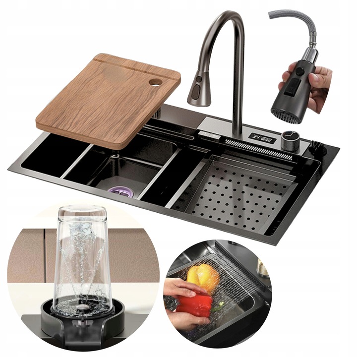 Chiuveta bucatarie, Ari, model multifunctional, grafit + negru, 75x46cm, set complet