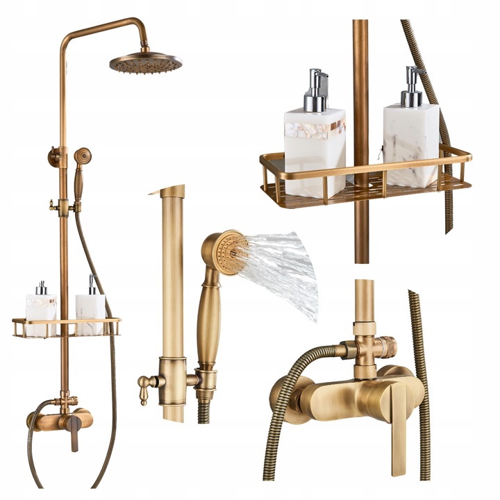 Set prajitor de dus retro, Ari, manere din alama, suport pentru cosmetice, aurie, montare pe perete