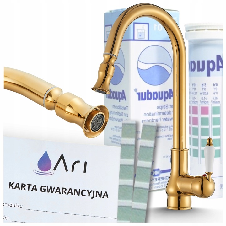 Ari Bloom konyhai csaptelep, fényes arany, 360°-ban forgatható kifolyó, kihúzható kifolyó, 32-40mm