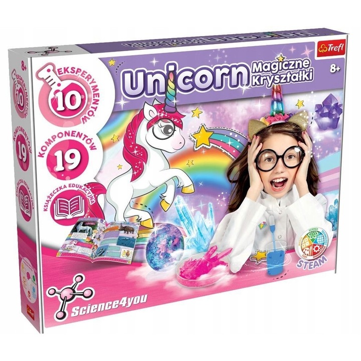 Set stiintific Trefl Unicorn, cristale magice, 10 experimente, 8+ ani