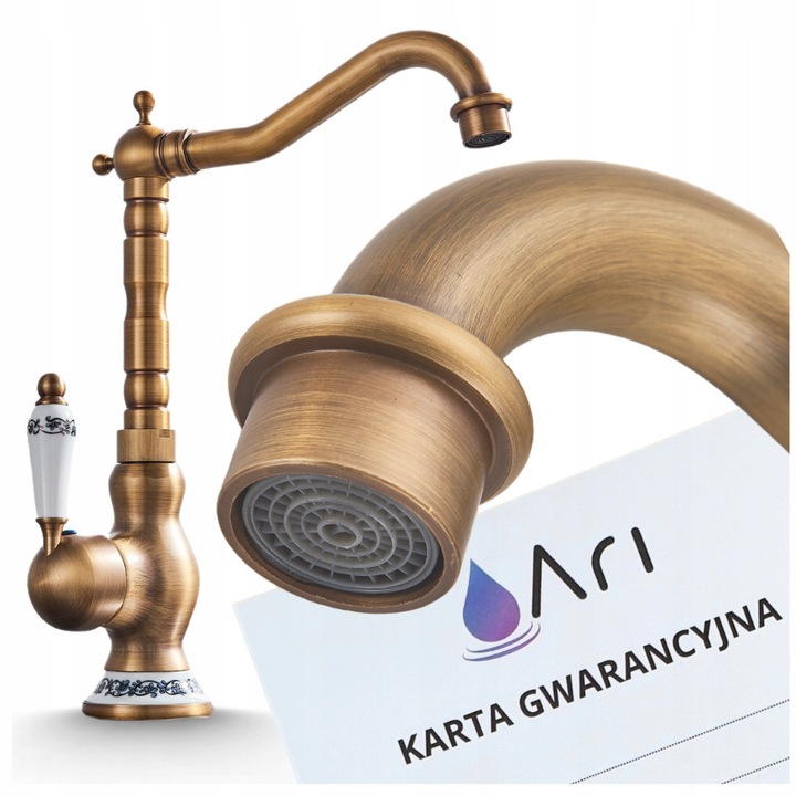 Baterie Umywalkowa Retro Ari, Mosiad Antic, Wylewka Obrotiva 360, Set cu Accesorii Montaj