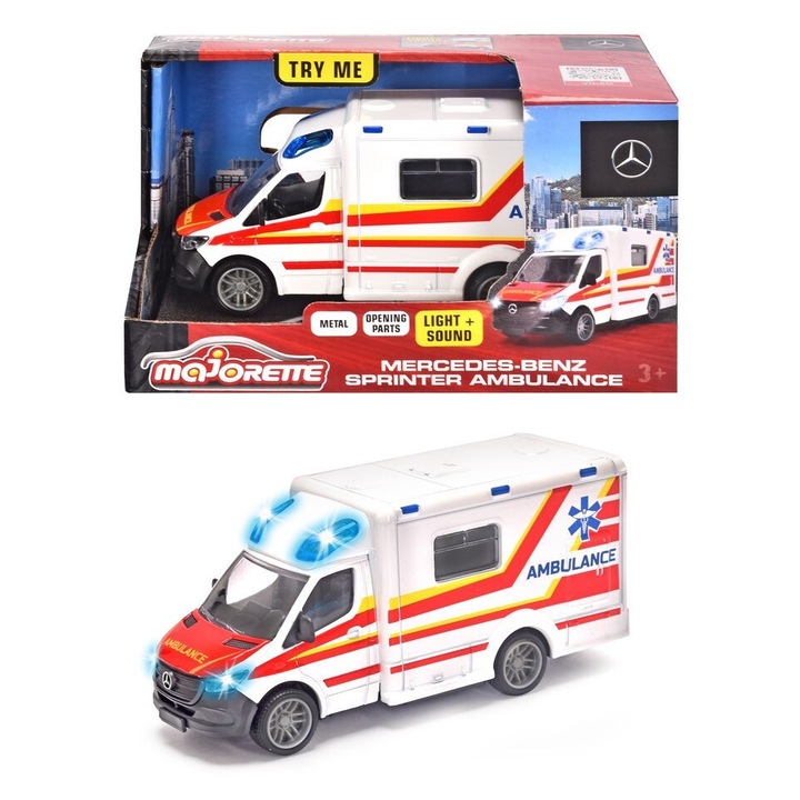 Ambulanta metalica Majorette Mercedes-Benz 12,5 cm, cu sunete, set pentru copii 3+