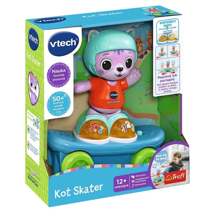 Interaktív játék gyerekeknek, Vtech, Kot Skater, 3 működési mód, 12m+, többszínű