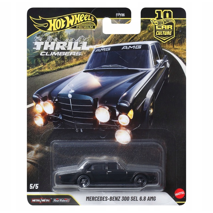Masinuta Hot Wheels Premium Mercedes-Benz 300 SEL 6.8 AMG, detalii autentice, 1:64, multicolor, pentru colectie