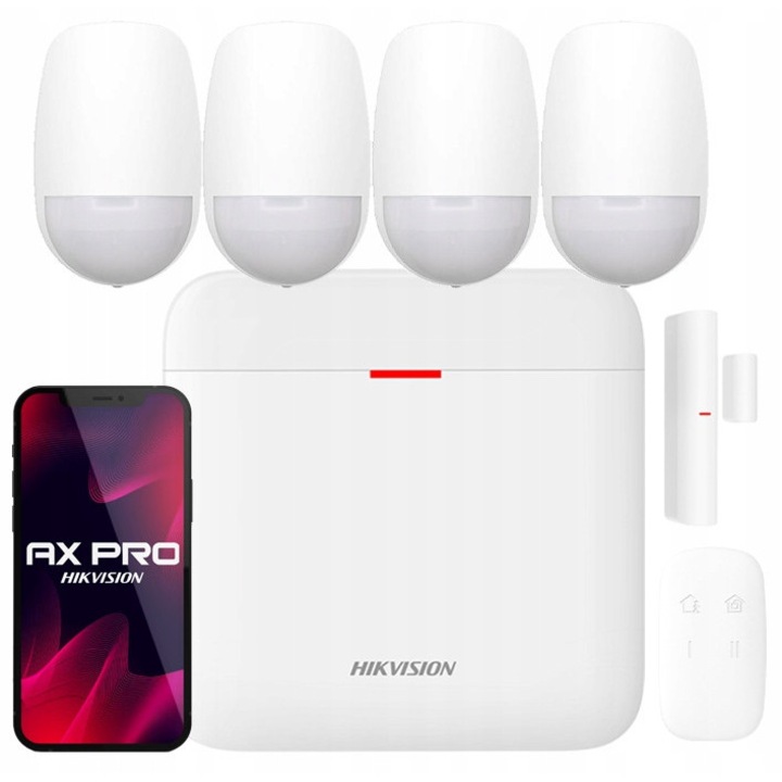 Комплект безжична аларма Hikvision AX PRO DS-PWA64-KIT-WE, с WiFi и GSM, 4x PIR детектор за движение, устойчив на животни, магнитен детектор за отваряне, дистанционно управление, бял, 1 комплект