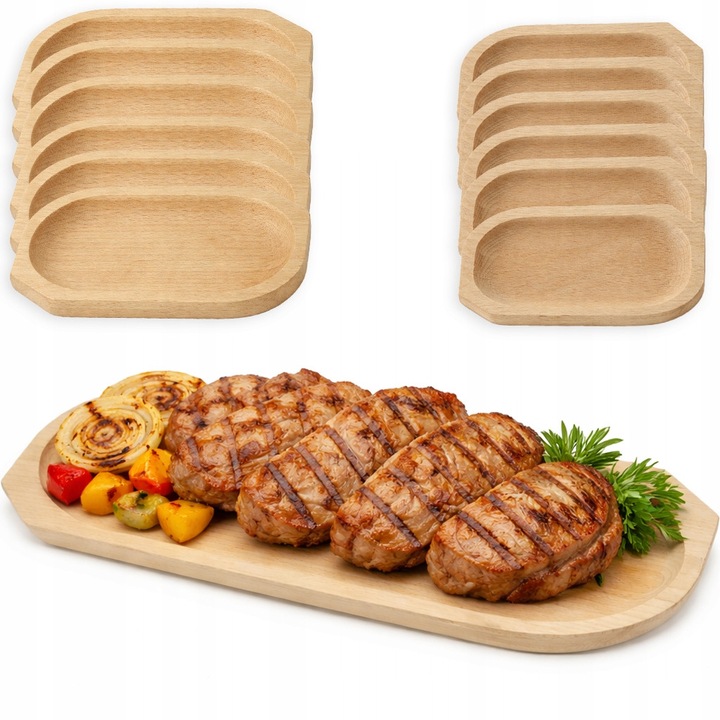 Set platouri din lemn pentru gratar, Km Express, 1 tava 55x22cm + 12 farfurii 23x14cm si 16x11cm, natural