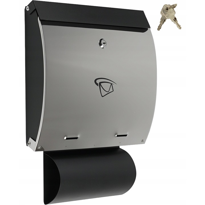 Cutie postala Km Express, inox, 44x35cm, neagra mata, cu gazetnik, set complet cu chei