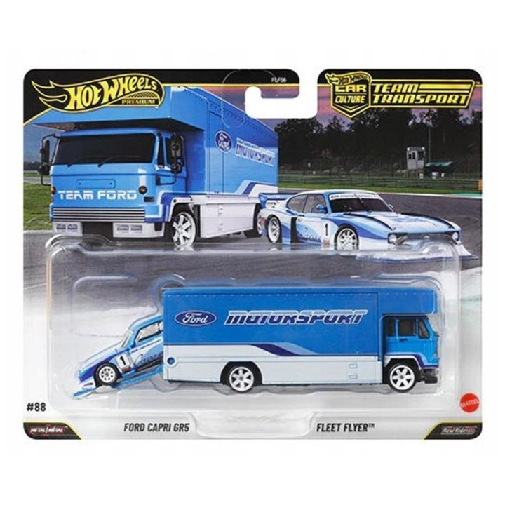 Set masinute Hot Wheels, Ford Capri GR5 + Fleet Flyer Team Transport