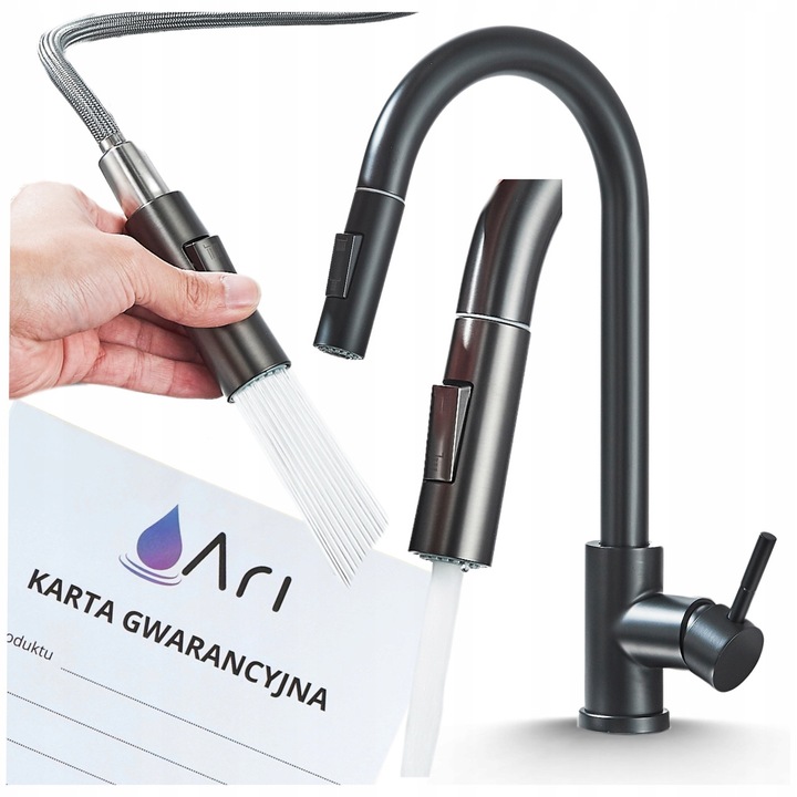 Ari TOTTO konyhai csaptelep, flexibilis kifolyó, 360°-ban forgatható, fekete, 32-40mm