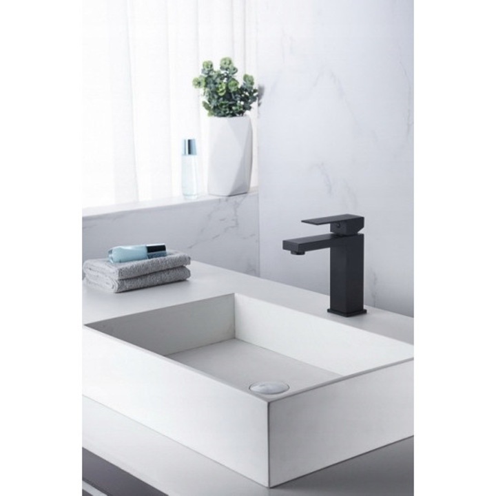 TORONTO mosdó csaptelep, Blue Water, matt fekete, geometrikus formák, magasság 11cm, "click-clack" automata leeresztővel