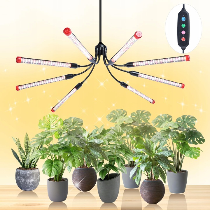 Lampa LED pentru plante, 72W, spectru complet, timer, 8 brate, 60cm