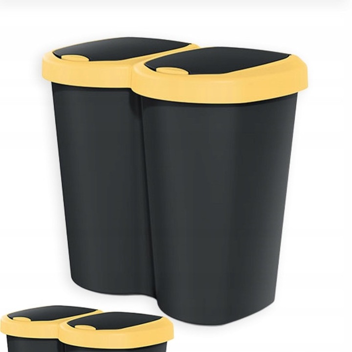 Cos de gunoi 40L cu 2 capace, design modern, negru cu galben, dimensiuni 46x50x29cm