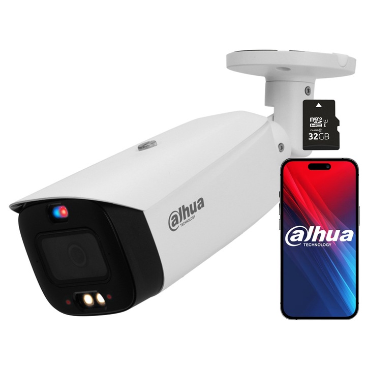 Camera de supraveghere IP 8MP, Dahua IPC-HFW3849T1-AS-PV-0280B-S5, Dual Light, IR si LED, 2.8mm, set cu microSD 32GB