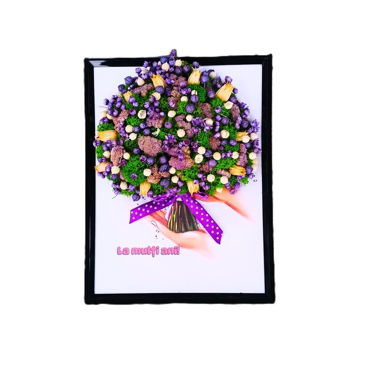 Decoratiune pentru interior, tablou cu licheni stabilizati si flori uscate, buchet cu flori, urare "La multi ani!", 21x16, alb si mov