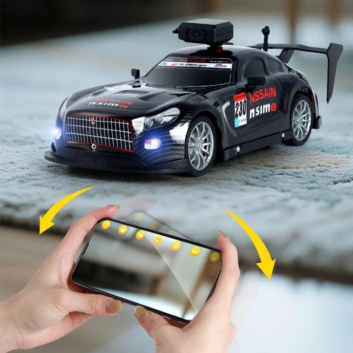 Masina cu telecomanda si APP telefon, camera HD, lumini, pulverizare fum, acumulator inclus, 28x12x10 cm