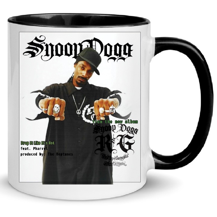 Cana ceramica Snoop Dogg no9, 330ml, alb si negru, design modern, rezistent la spalare in masina