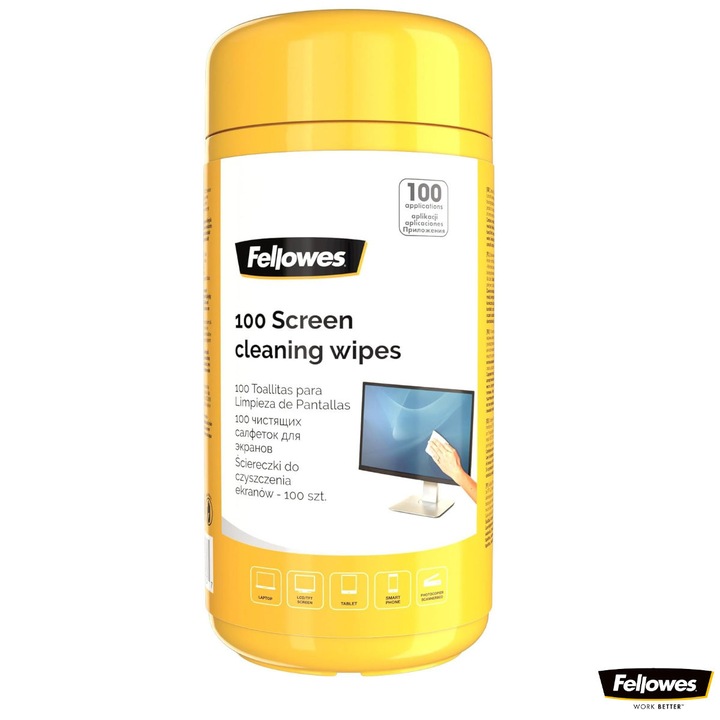 Set 100 servetele umede pentru curatare monitor, Fellowes, antistatice, biodegradabile, pentru ecrane LCD, TFT, laptop
