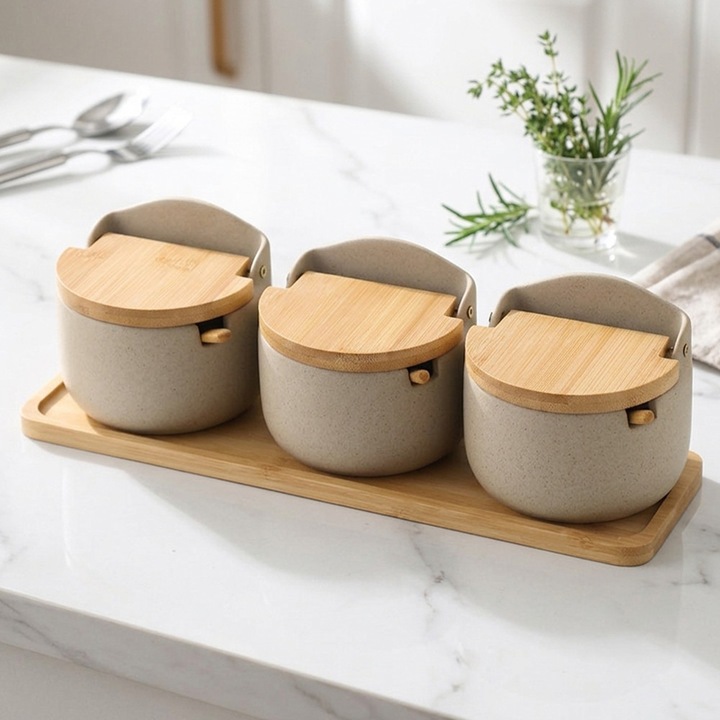 Set 3 recipient condimente din ceramica Destello® cu lingura, Usor de utilizat, modern, Bej, 9.3 x 33.7 cm