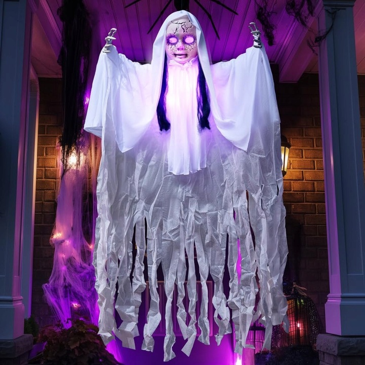 Halloween szellem, függő figura, 109 cm, LED világítás, fehér, kültéri dekoráció