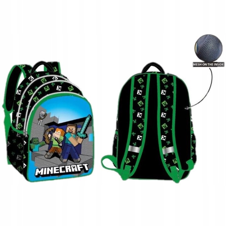 Ghiozdan scolar Minecraft, 3 compartimente, 42cm, 100% poliester, multicolor