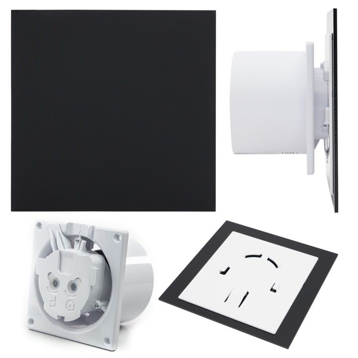 Ventilator de baie airRoxy dRim 125 HSTS, 14W, 140 m³/h, cu senzor de umiditate, negru mat, set cu panou decorativ 17x17cm