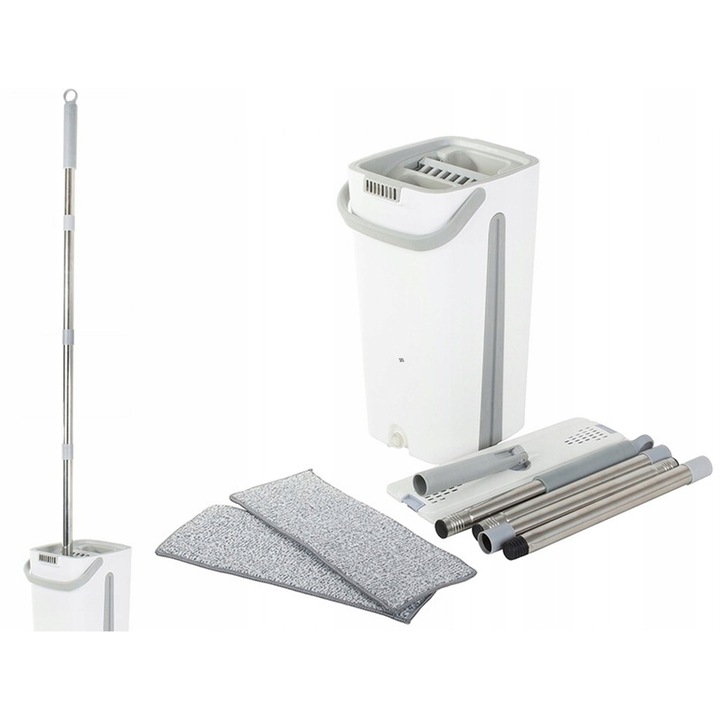 Mop rotativ cu doua compartimente, alb-gri, 130cm, set cu 2 accesorii din microfibra