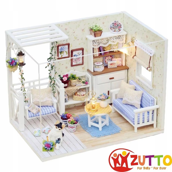 Casuta de papusi Zutto, model retro DIY, 3 lampi LED, 17,1x13x11,6cm