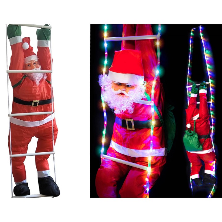 Figurina Craciun, Cleo Art, Mos Craciun pe scara, iluminare multicolor, 51-100 lumini, alimentare prin retea