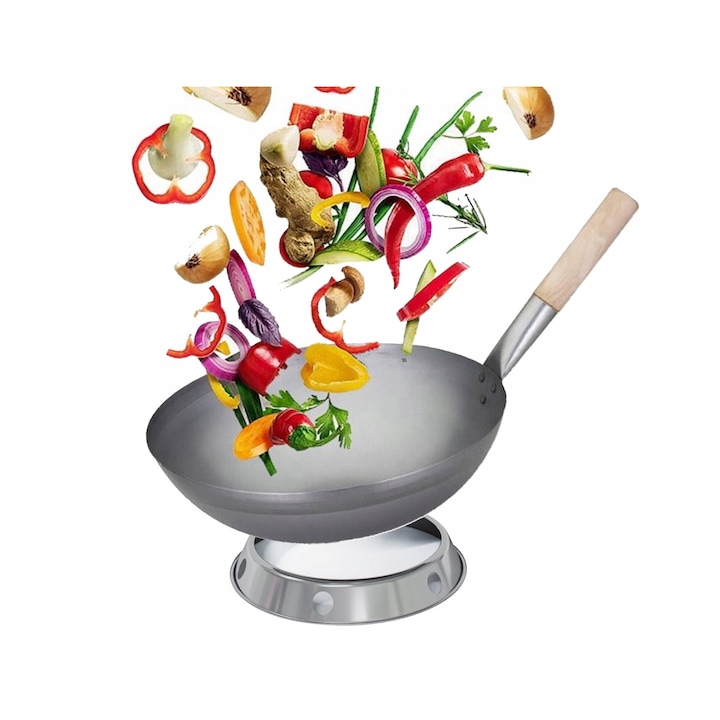 Tigaie Wok Cleo Art 30cm, cu maner din lemn, set cu suport
