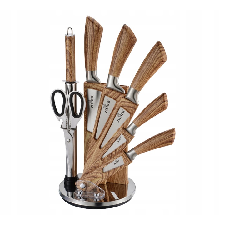 Set de cutite de bucatarie Zilner, 8 elemente, inox, maner imitatie lemn, suport acrilic