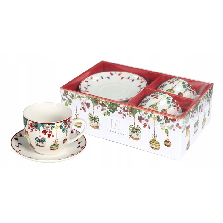 Set 2 cani cu farfurii Livello, 250ml, portelan, multicolor