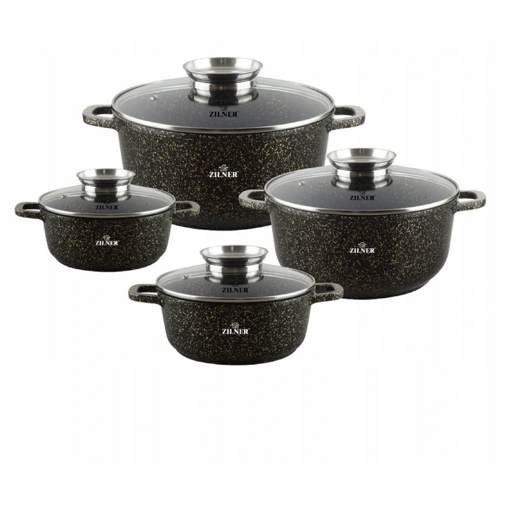 Set oale 8 piese Zilner marmura, capac din sticla, inductie, 1,3L, 2,3L, 4,5L, 6,8L
