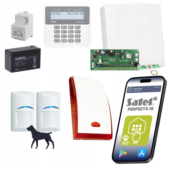 Система за домашна аларма, Satel PERFECTA 16 SET-A, 2 сензора за движение Bosch, GSM, контрол чрез приложение, бял