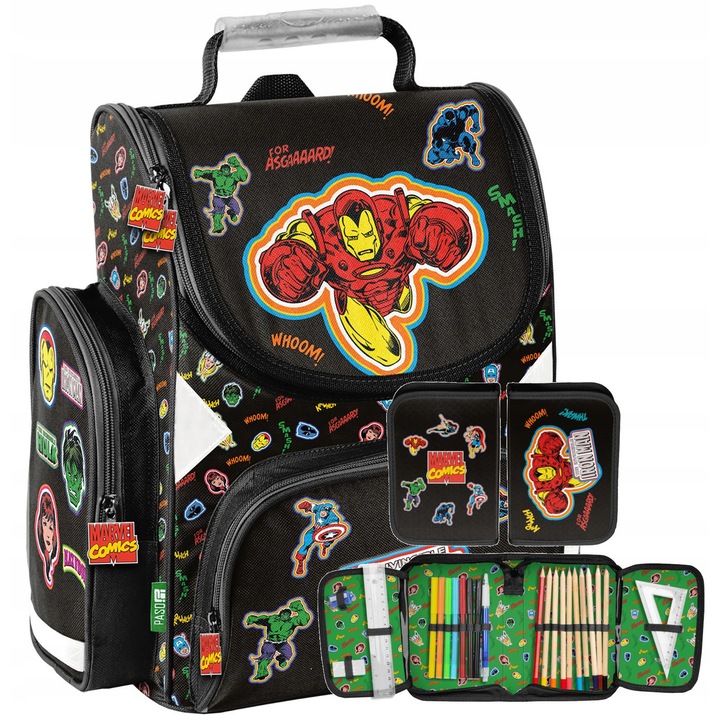 Ghiozdan scolar pentru baieti, Paso, Marvel Avengers, set cu penar, 36x28x15cm, multicolor