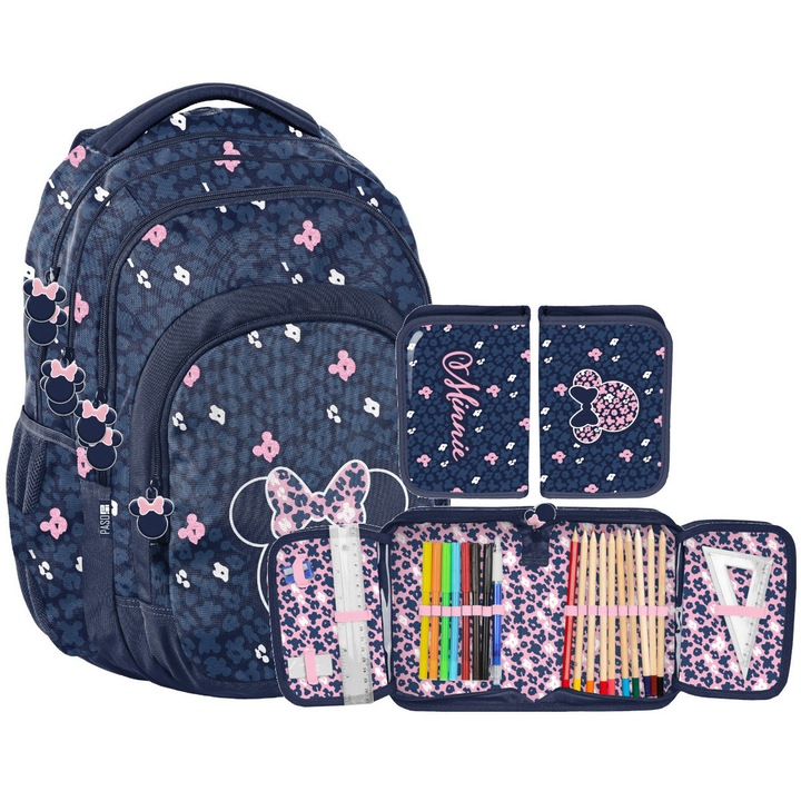 Ghiozdan scolar set Myszka Minnie, 39x29x16cm, 18 litri, cu penar si accesorii, roz