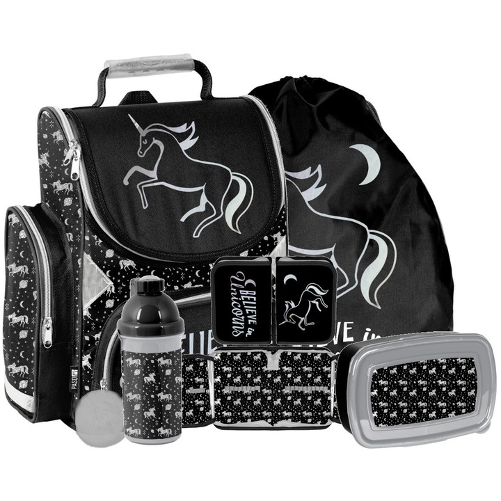 Set ghiozdan scolar pentru fetite, Paso, 36x28x15cm, 1 compartiment, culori variate