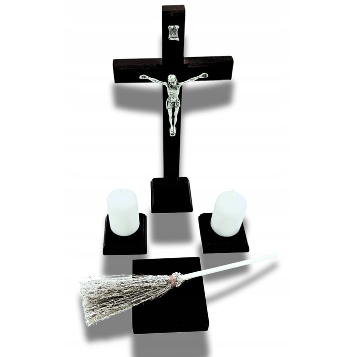 Set bisericesc din lemn, cruce, 2 sfesnice, 2 lumanari, vas pentru apa sfintita, 1 cadelnita, culoare: maro inchis, dimensiuni: 220x20mm