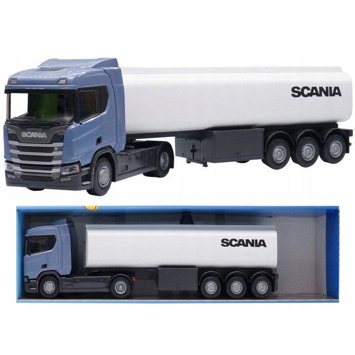 Camion Scania R 450, model 1:25, remorca cisterna, alb/albastru, 53x10x15cm