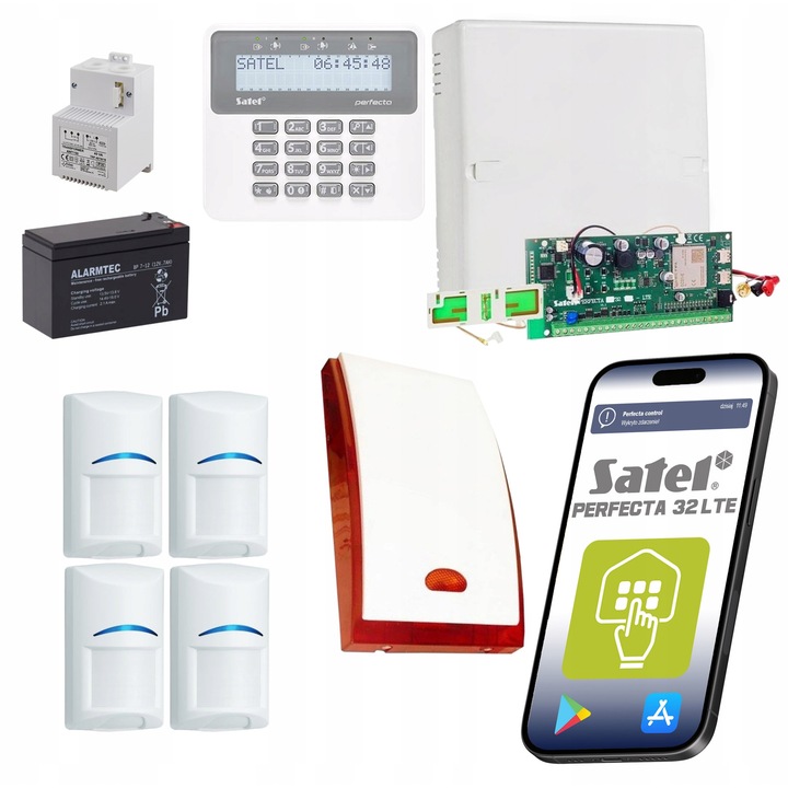 Алармена система Satel PERFECTA 32 LTE, пълен комплект с 4 сензора Bosch, LTE свързаност, мобилен контрол