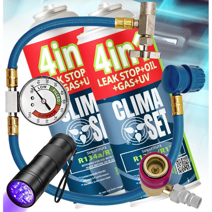 2x GAZ PENTRU AER CONDITIONAT 4in1 R134A ULEI ETANSANT COLORANT LANTERNA UV HP LP