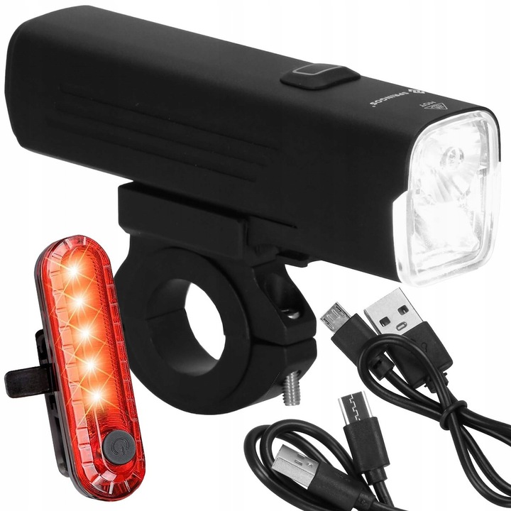 Kerékpár lámpa szett, Springos, első és hátsó, fehér/piros, USB töltés, fekete