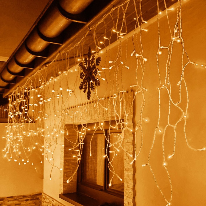 Комплект 2x500 LED, светлинна завеса, Springos, топло бяло, 22,5м, 8 режима на осветление, IP44