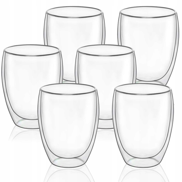 Set 6 Pahare termice, Springos, 350ml, sticla, 11,5x8cm, cu perete dublu