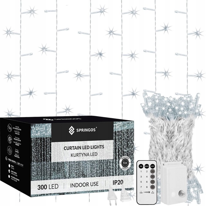 Светеща завеса 300 LED, Springos, 3x3м, студено бяло, с дистанционно управление