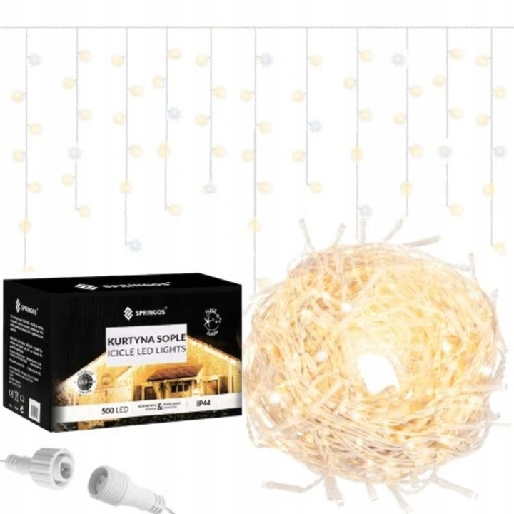 Светеща завеса 1000 LED, Springos, топло бяло, 45м, комплект