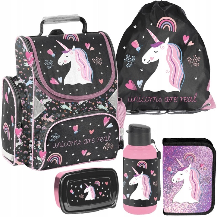 Ghiozdan scolar Paso, set cu un design unic, compartiment principal incapator, culoare multicolor, dimensiuni 36x28x15cm